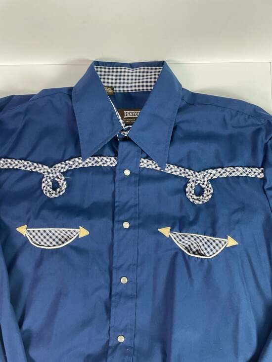 Vintage Fenton Permanent Press Blue Western Pearl Snap Shirt Mens Sz Large - Picture 9 of 12